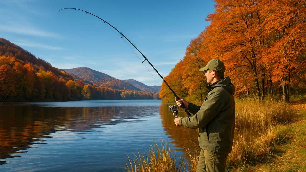 Рибалка восени в Україні на мальовничому озері серед жовтогарячих дерев і гір. ТОП-10 місць для риболовлі в Україні.