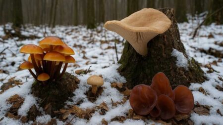 Зимові гриби в Україні — опеньки та гливи на пнях серед снігу. Які гриби ростуть взимку в Україні.