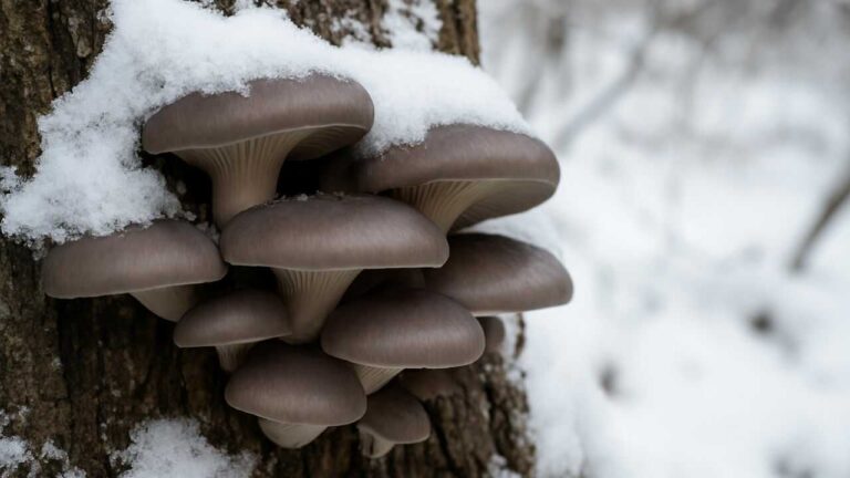 Глива взимку на стовбурі дерева, вкрита снігом.